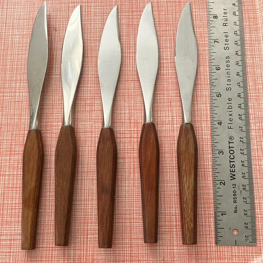 Set of 5 vintage MCM Stainless Steel Knives with Wood Wooden Handles